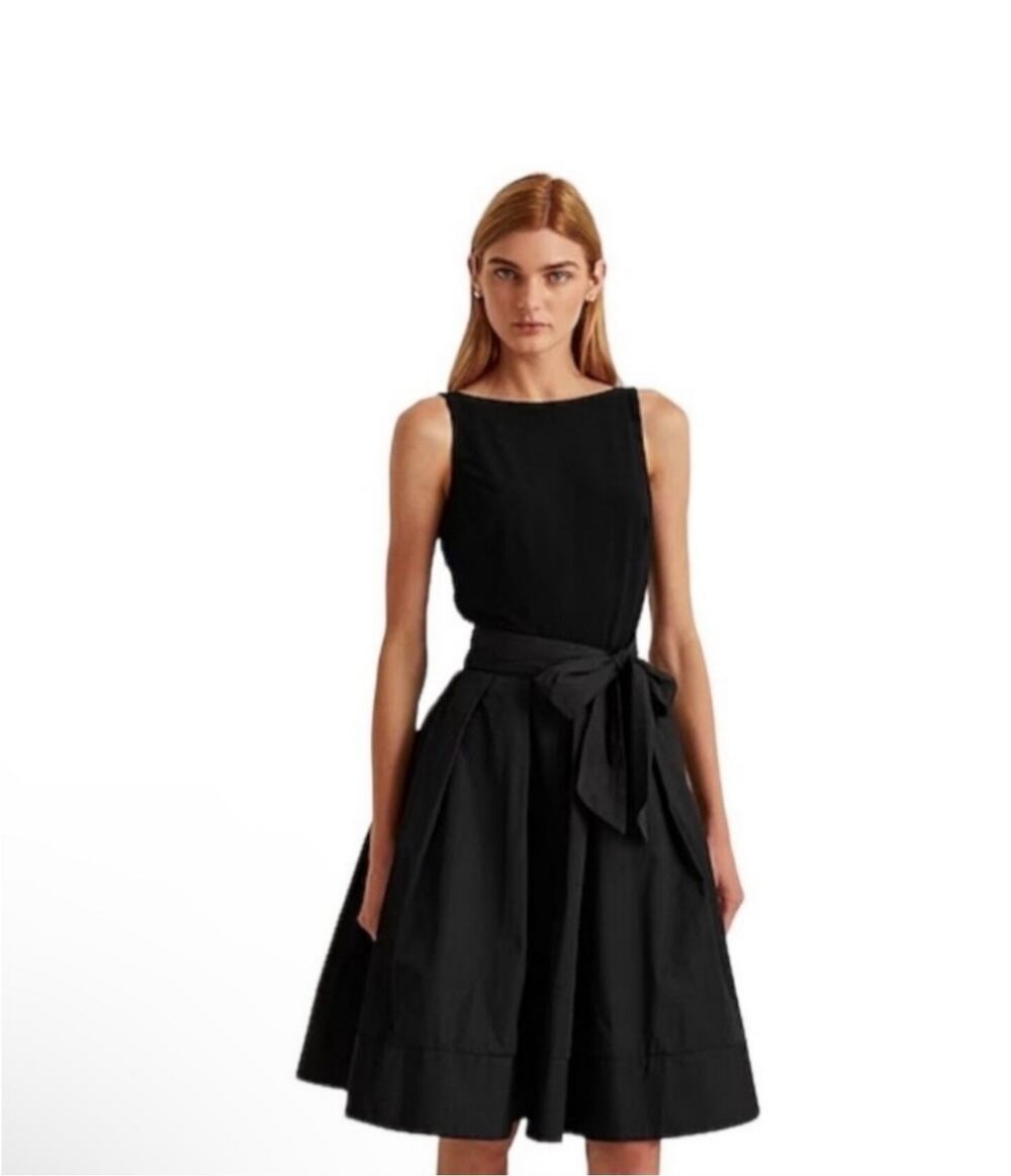Lauren Ralph Lauren Black Cocktail Sleeveless Fit & Flare Belted Satin Dress 4